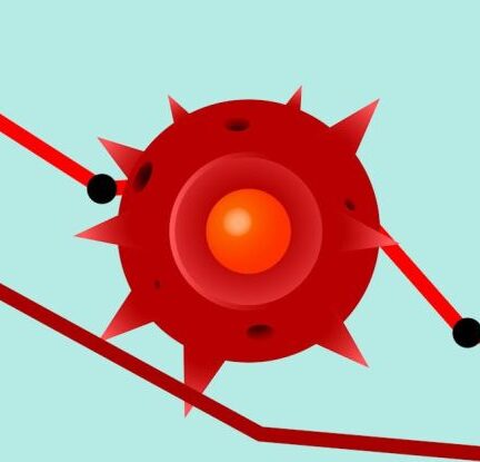 Global Economics - Vector image of red Covid virus against decreasing line graph on blue background